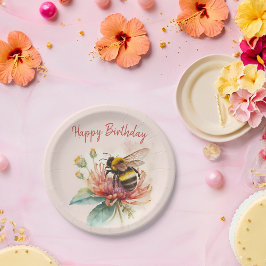 Plato De Papel Summer Vibes Watercolor Bumblebee Feliz cumpleaños