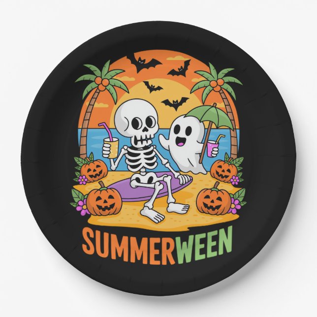 Plato De Papel Summerween Skeleton Ghost Beach Halloween Party Fu (Anverso)