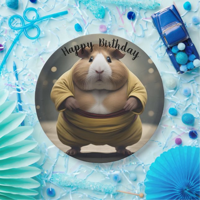 Plato De Papel "Sumo Squeakdown: El Poderoso Luchador de Cobaya" (Fiesta)