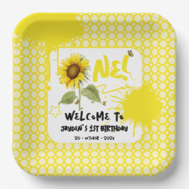 Plato De Papel Sunflower acuarela con mariposas Primer cumpleaños