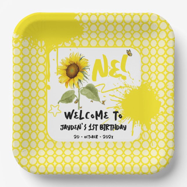 Plato De Papel Sunflower acuarela con mariposas Primer cumpleaños (Anverso)