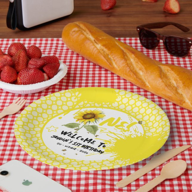 Plato De Papel Sunflower acuarela con mariposas Primer cumpleaños (Picnic)