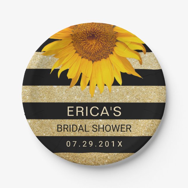 Plato De Papel Sunflower Bridal Shower Moderno Black & Gold Strip (Anverso)