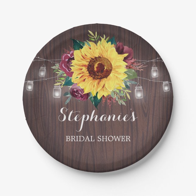Plato De Papel Sunflower Burgundy Jars Wood Bridal Shower (Anverso)