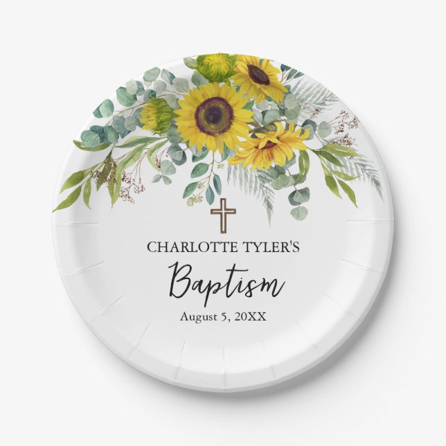 Plato De Papel Sunflower & Eucalyptus Boho Cross Baptism (Anverso)