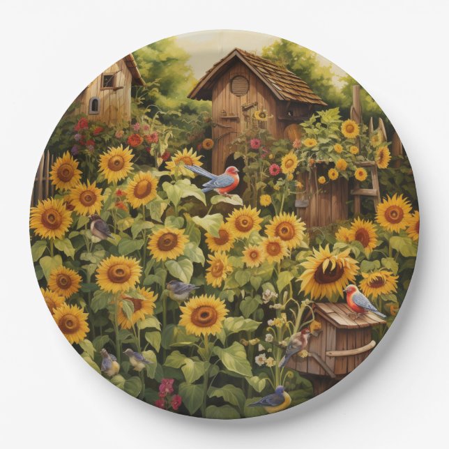 Plato De Papel Sunflower Garden 12 Casas de Aves Azules (Anverso)
