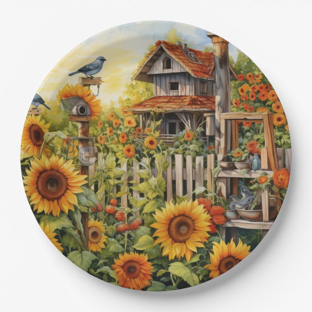 Plato De Papel Sunflower Garden 9 Aves Azules (Anverso)
