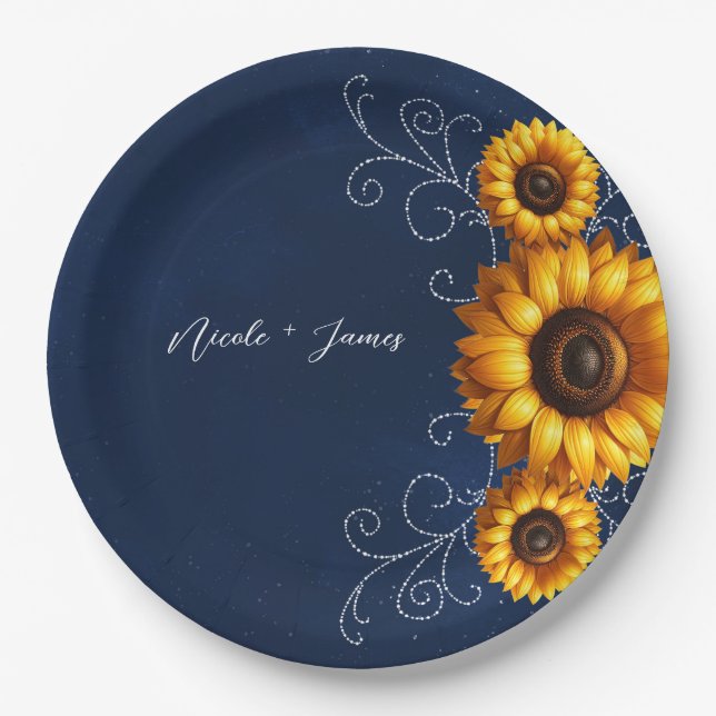 Plato De Papel Sunflower Sparkle Blue Rustic Glam Bridal Shower (Anverso)