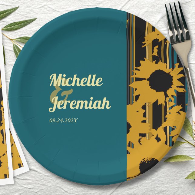 Plato De Papel Sunflower Teal Blue Gold Modern Wedding (Subido por el creador)