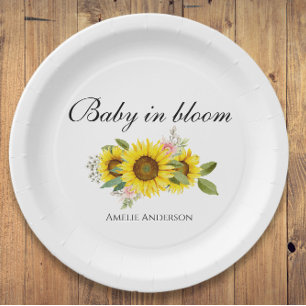 Plato De Papel Sunflower Watercolor Pink Floral Baby Shower