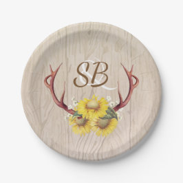 Plato De Papel Sunflowers and Deer Antlers Rústico Barn Wood