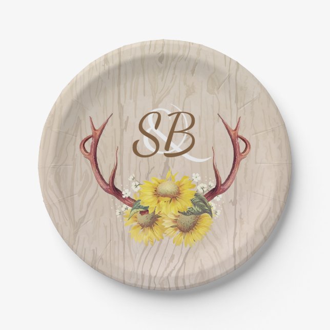 Plato De Papel Sunflowers and Deer Antlers Rústico Barn Wood (Anverso)