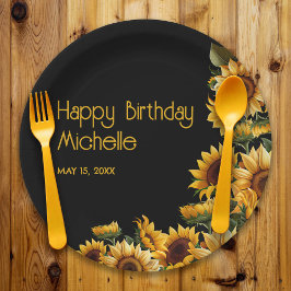 Plato De Papel Sunflowers Black Rustic Elegant Happy Birday