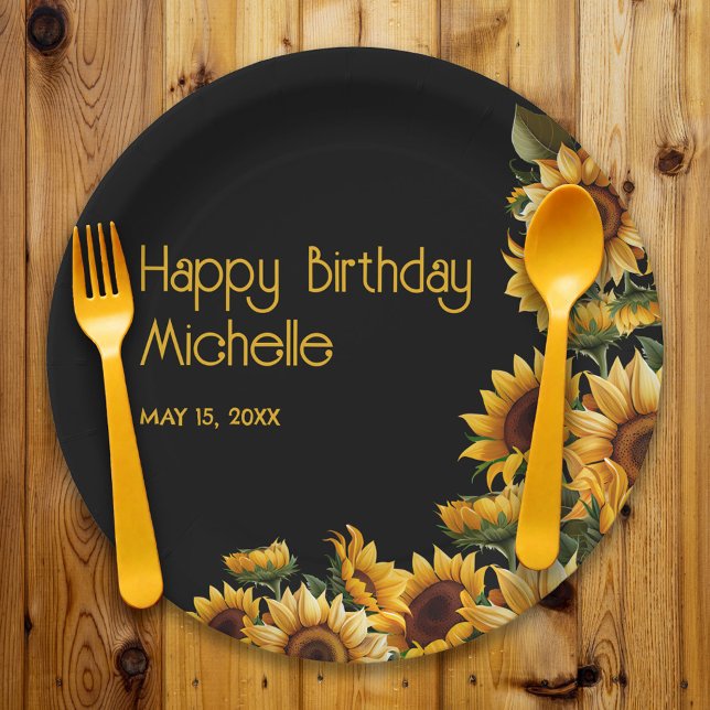 Plato De Papel Sunflowers Black Rustic Elegant Happy Birday (Rustic sunflowers on black birthday party paper plate)