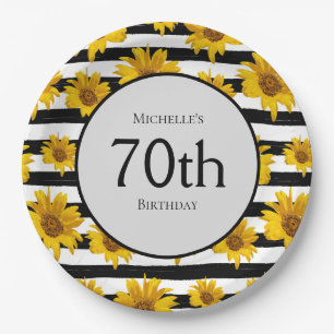 Plato De Papel Sunflowers Black White Stripes 70 cumpleaños
