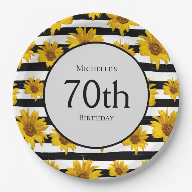 Plato De Papel Sunflowers Black White Stripes 70 cumpleaños (Anverso)