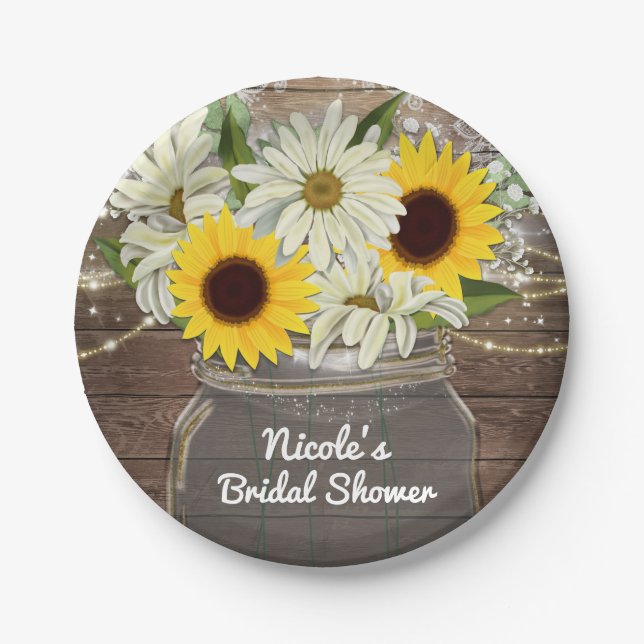 Plato De Papel Sunflowers & Daisies Mason Jar Sparkle Rustic Moda (Anverso)