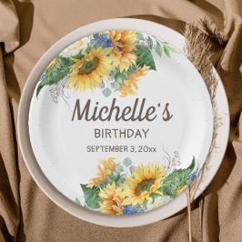 Plato De Papel Sunflowers Eucalyptus Woman's Birthday Name Date