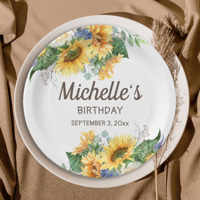Plato De Papel Sunflowers Eucalyptus Woman's Birthday Name Date (Sunflowers and eucalyptus birthday party paper plates)