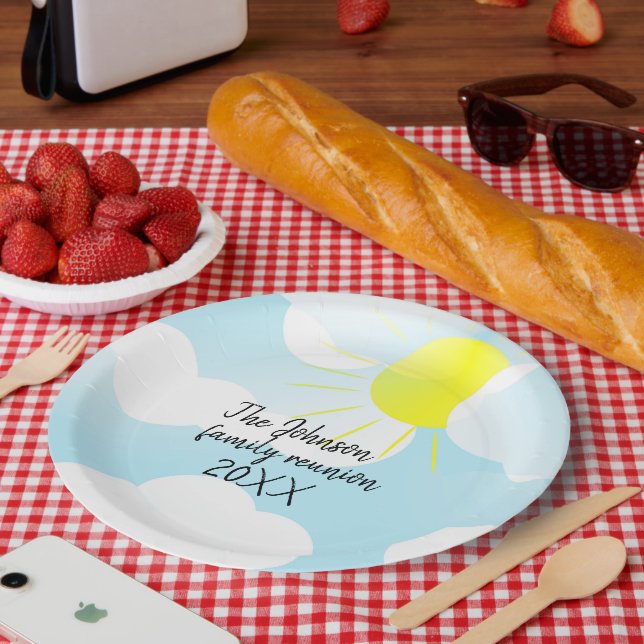 Plato De Papel Sunny Blue Summer Sky con reunión familiar de nube (Picnic)