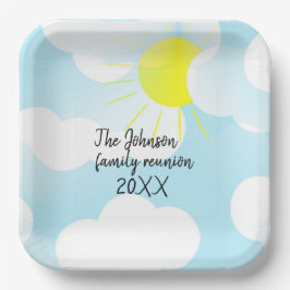 Plato De Papel Sunny Blue Summer Sky con reunión familiar de nube