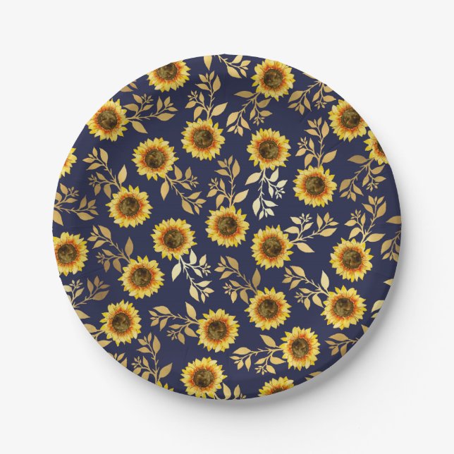 Plato De Papel Sunny Yellow Gold Navy Sunflowers deja el patrón (Anverso)