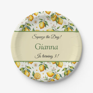 Plato De Papel Sunny Yellow Lemon Watercolor Pattern Cumpleaños