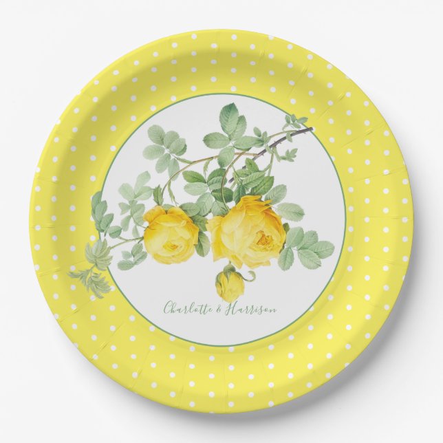 Plato De Papel Sunny Yellow Roses Floral Elegante Boda (Anverso)