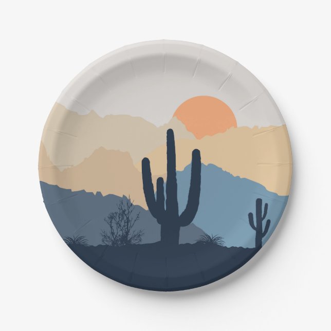 Plato De Papel Sunrise azul y beige desértico (Anverso)