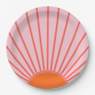 Plato De Papel Sunrise Pastel Rosa Y Sol Naranja