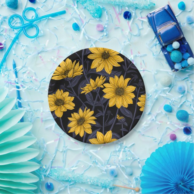 Plato De Papel Sunroot, girasol salvaje en amarillo y azul (Fiesta)