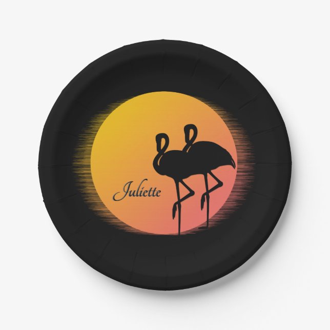 Plato De Papel Sunset Flamingos Personal con Nombre (Anverso)