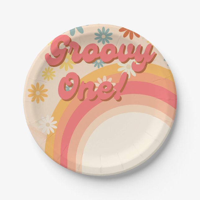 Plato De Papel Sunshine 70 retro groovy daisy cumpleaños (Anverso)