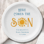 Plato De Papel Sunshine Baby Shower aquí llega el hijo<br><div class="desc">Placa de papel para bebés con temática de sol suave con un ilustracion acuarela de un sol amarillo y "Here comes the Son" con una tipografía elegante de color azul retro. Perfecto para la ducha de bebé de un niño. Personalizable fácil. Acuarela original © Michele Davies.</div>