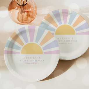 Plato De Papel Sunshine Baby Shower Aquí Viene Con Los Rays Rosa 
