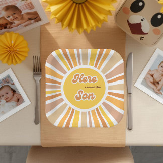 Plato De Papel Sunshine Baby Shower Boho Retro Yellow Sunshine