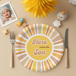 Plato De Papel Sunshine Baby Shower Boho Retro Yellow Sunshine