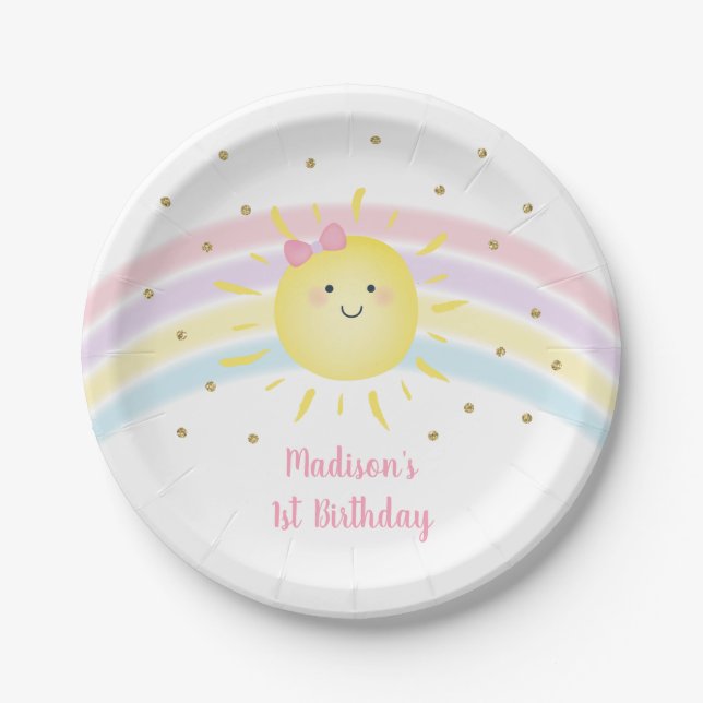 Plato De Papel Sunshine Rainbow Pink Gold Pastel Cumpleaños (Anverso)
