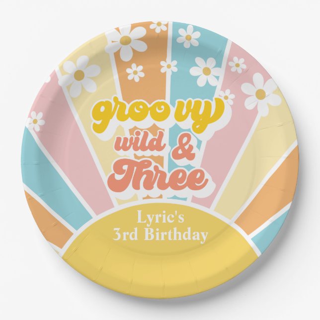 Plato De Papel Sunshine Retro daisy 3 cumpleaños (Anverso)