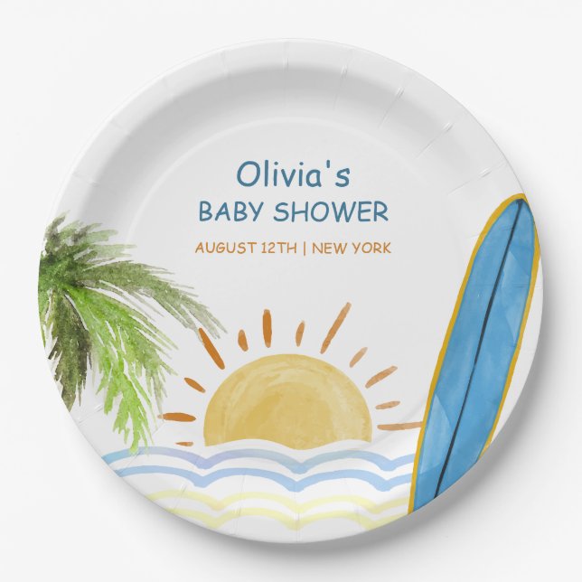 Plato De Papel Sunshine Tropical Surfing Baby Shower (Anverso)