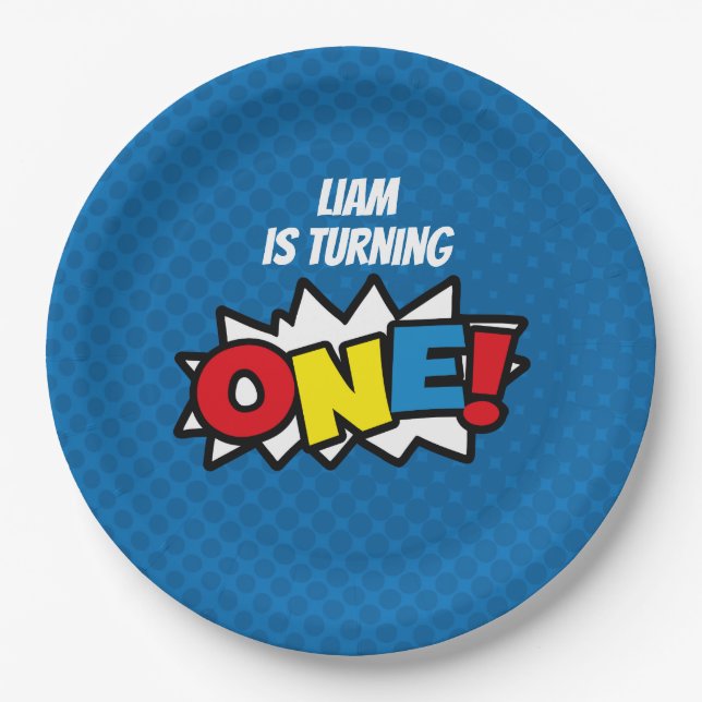 Plato De Papel Super héroe 1r Birthay, placas de papel (Anverso)