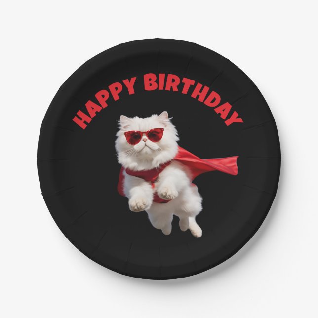 Plato De Papel Superhéroe de gato persa blanco (Anverso)