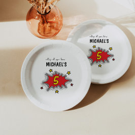 Plato De Papel Superhéroe dinámico quinto cumpleaños