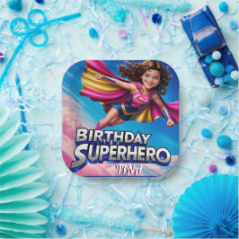 Plato De Papel Superhéroe Power Chica Happy Birday Paper Plate