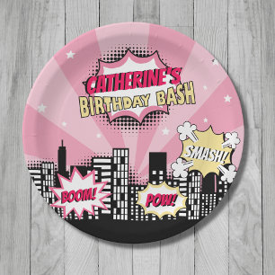 Plato De Papel Superheroína Comic Style Chica Birday Pink