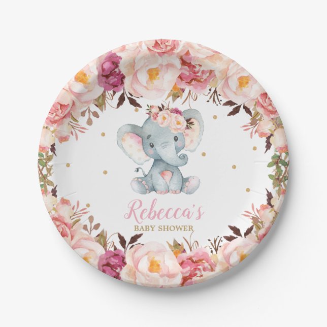 Plato De Papel Supostre floral Cute Elephant Baby Shower Rubor 7" (Anverso)
