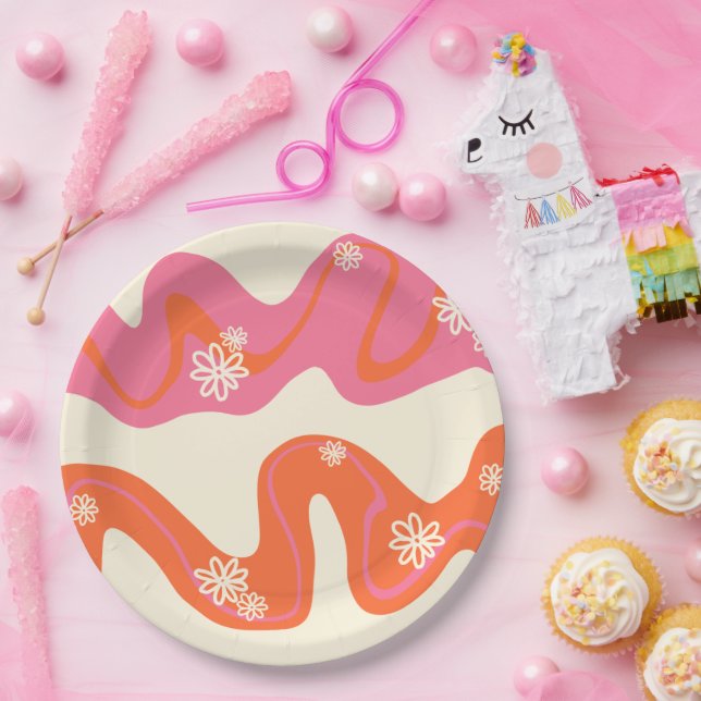 Plato De Papel Surco de margarita - rosa, Naranja y crema (Fiesta)