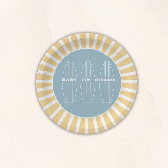 Plato De Papel Surf Board Baby Shower - Custom Gender Neutral (Baby on Board Gender Neutral Shower - Disposable Plates)