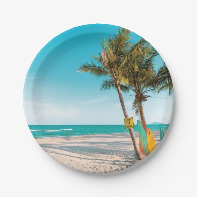 Plato De Papel Surf board en la playa tirando almohada (Anverso)