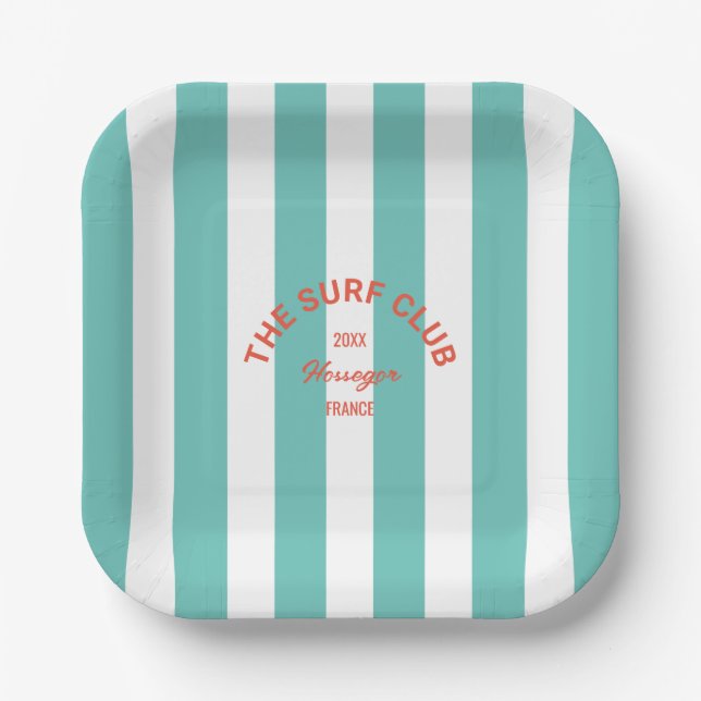 Plato De Papel Surf Club Red Escudo Turquesa Cabana Stripe (Anverso)